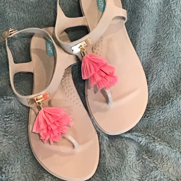 Oka B tan T-strap sandals with pink tassels, Size 9 - Picture 4 of 6
